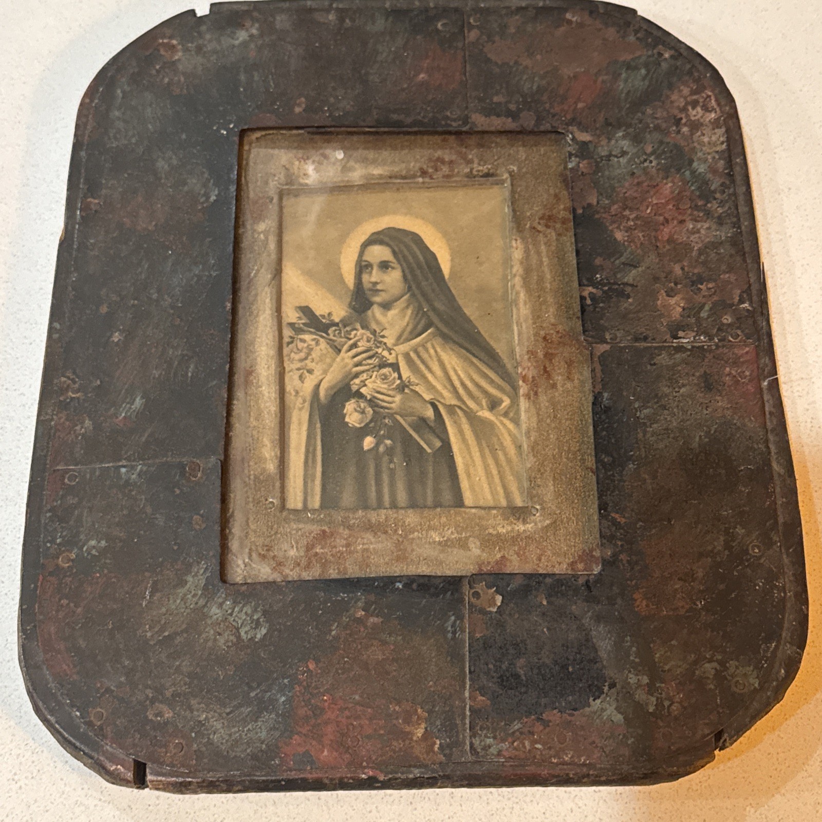 Rare Primitive St Therese Retablo Folk Art Catholic Icon Tin Frame Opelousas LA