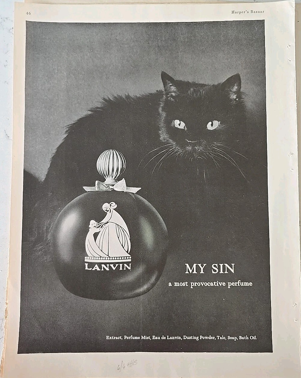 1964 Women's Lanvin My Sin Provocative Perfume Bottle Black Cat Vintage Art ad