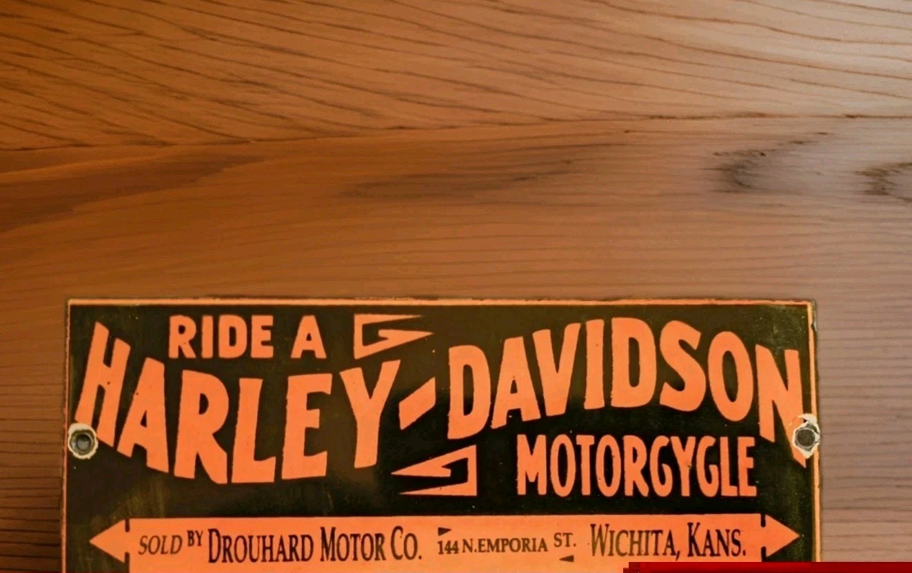 Vintage Harley Davidson Motorcycle Porcelain Sign Wichita Kansas Gas Oil Gas Oil
