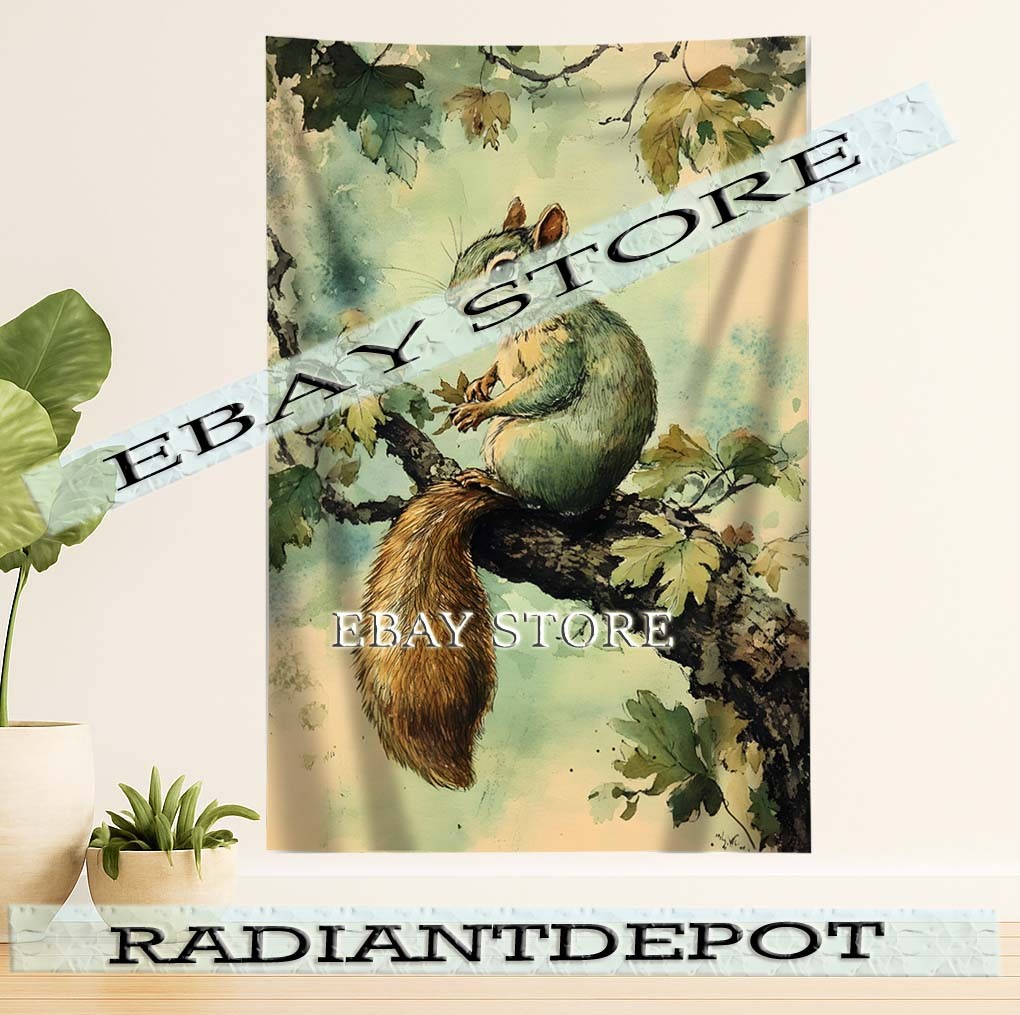 Tree Branch Tapestry Squirrel warm wood tone dorm room   39X59 in