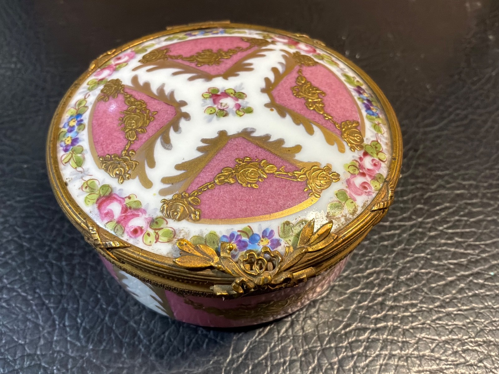 Sevres style Porcelain Trinket Box — Pink & Gilt Hand-Painted Flowers — Ormolu