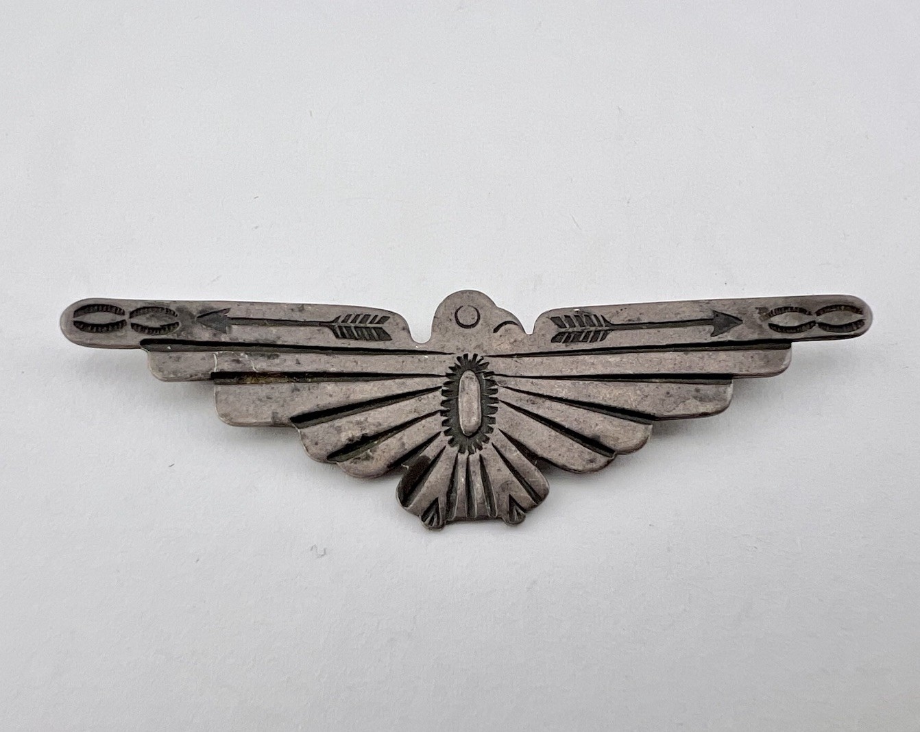 Early 1940's Navajo Sterling Silver Stamped Thunderbird Pin Brooch 2 5/8