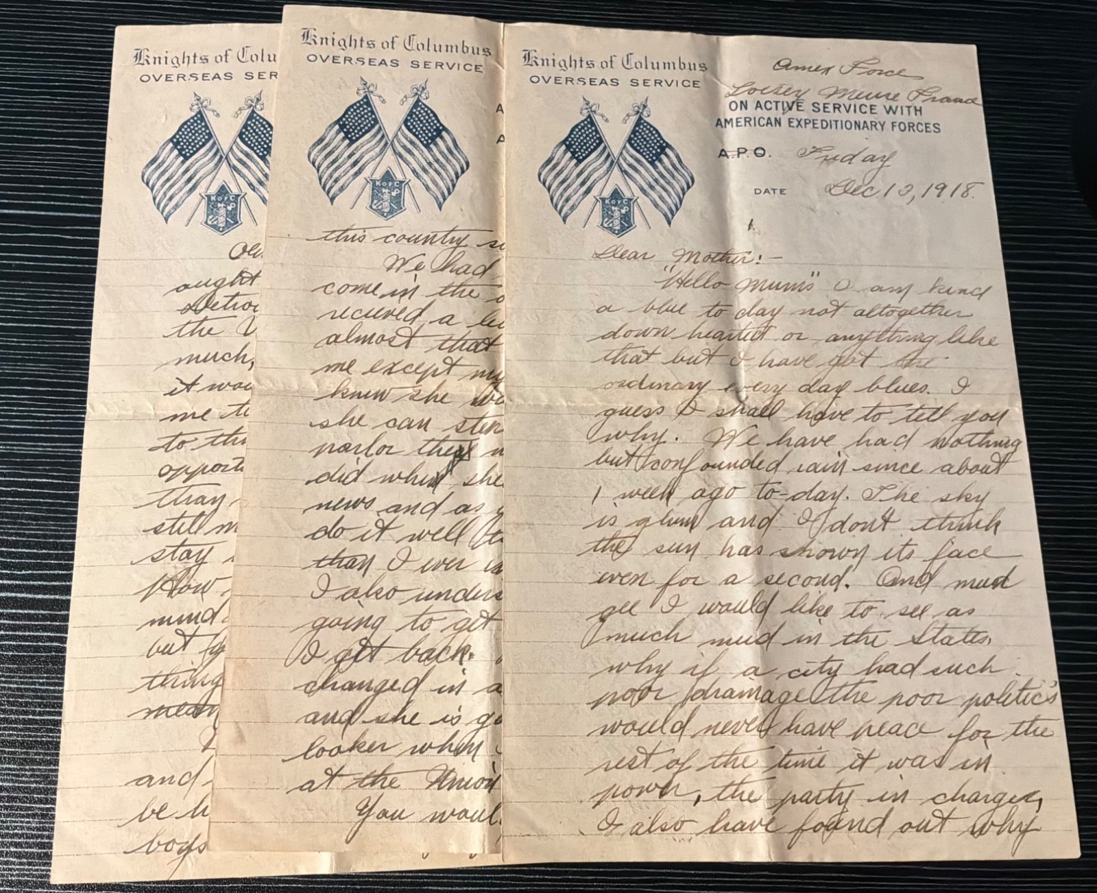 WWI AEF Letter 💜 Batt B 103 FA thankful for armistice, mud everywhere, mail.