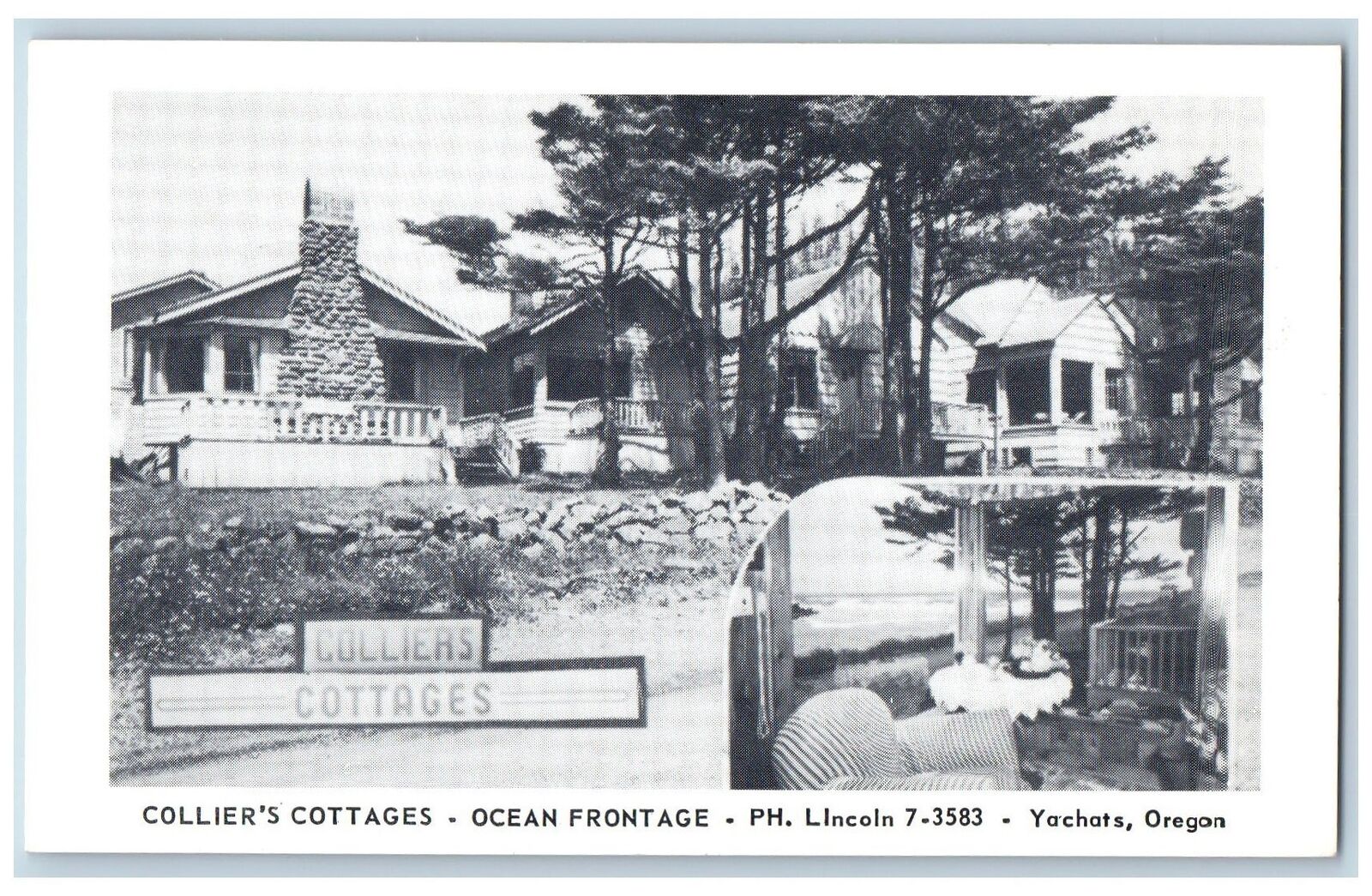 Yachats Oregon OR Postcard Collier's Cottages Ocean Front Gate Scene c1960's