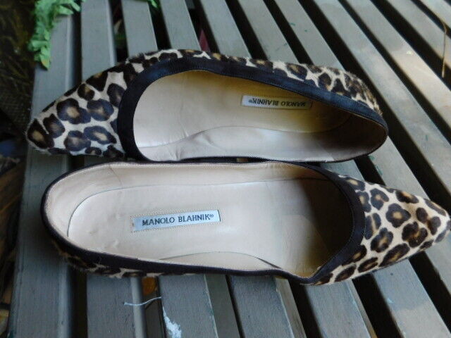 MANOLO BLAHNIK genuin HAIR ANIMAL HIDE leopard pointy FLATS shoes BROWN 8.5 9 39
