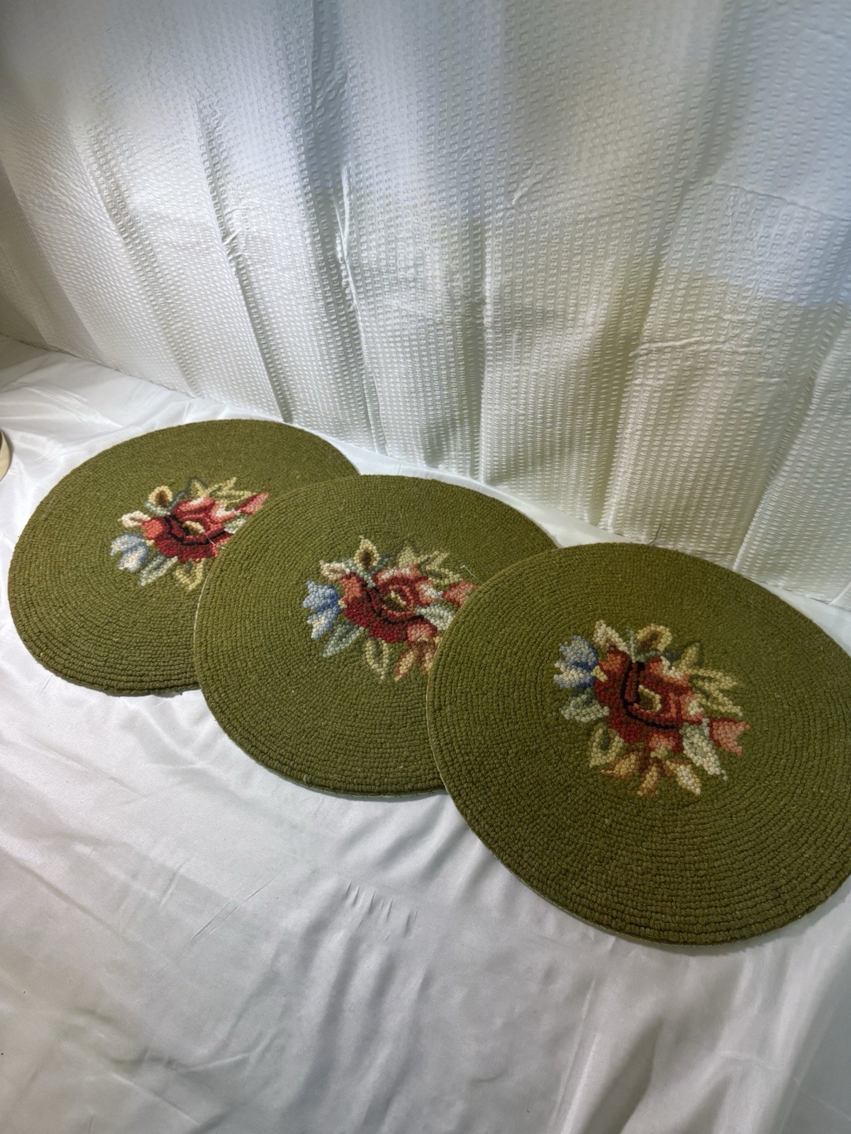 Vintage Hand Hooked Floral Chair Pads Set of 3 Green 15\