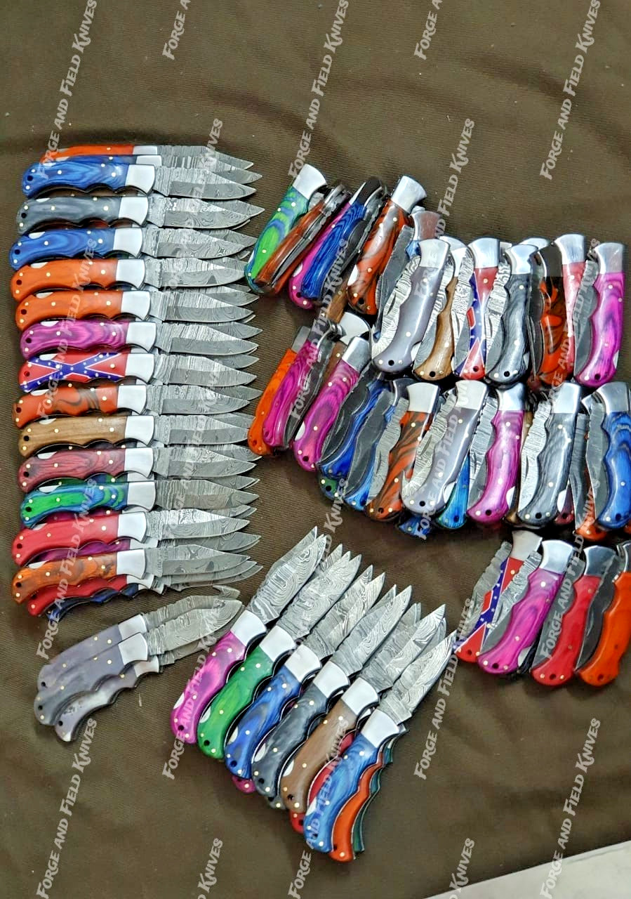 Lot of 50 Custom Handmade Damascus Steel Mix Folding & Pocket Knives - From USA.