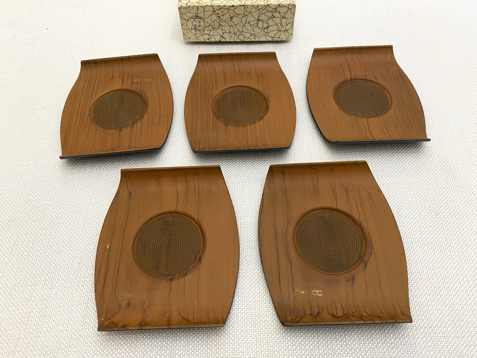 Lot of 5 Vintage Rare Asian Writing Coasters in Box 4” X 4.5” Unusual Shape