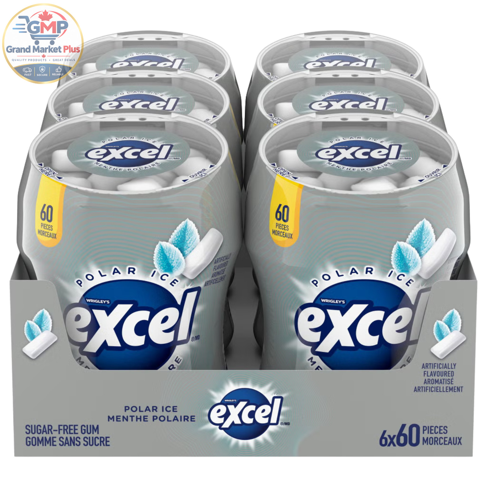 Excel Sugar-Free Gum, Menthe Polar Ice, 60 pieces per bottles, 6 Bottles