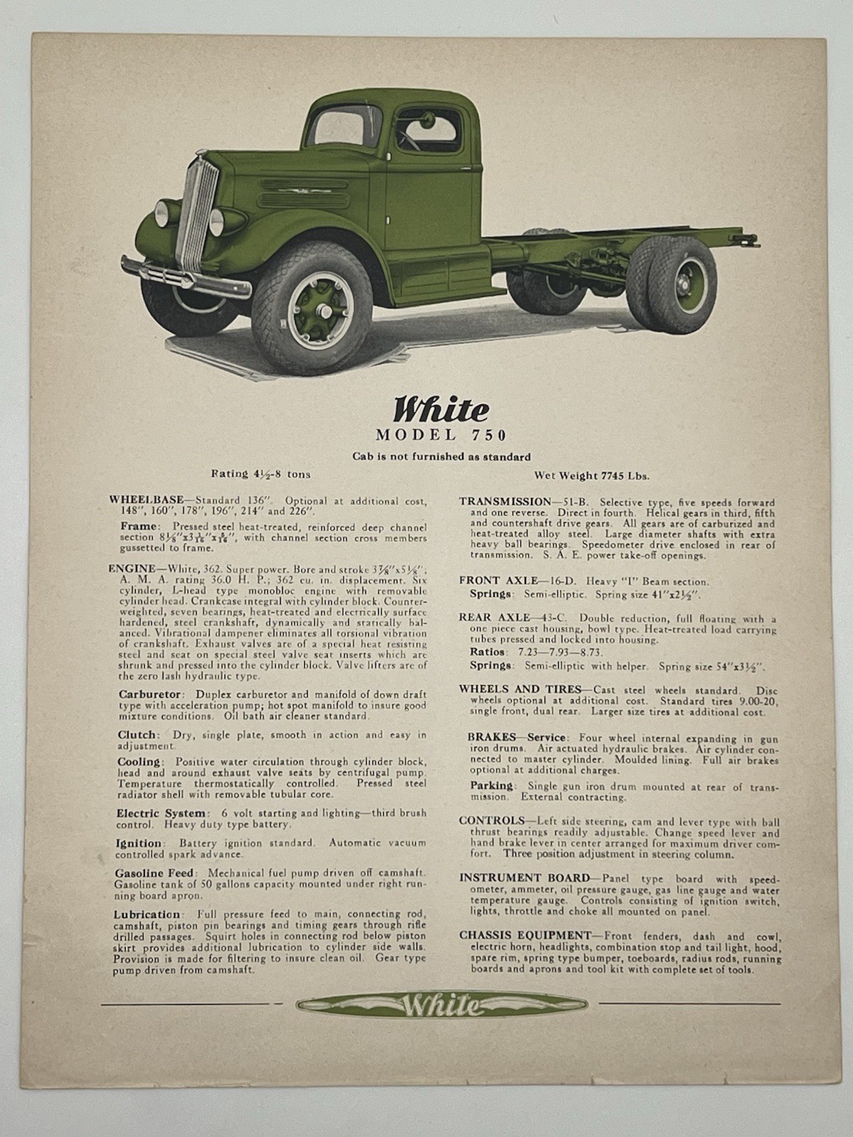1939 WHITE MOTOR COMPANY Model 750 Specifications Standard Equipment Brochure