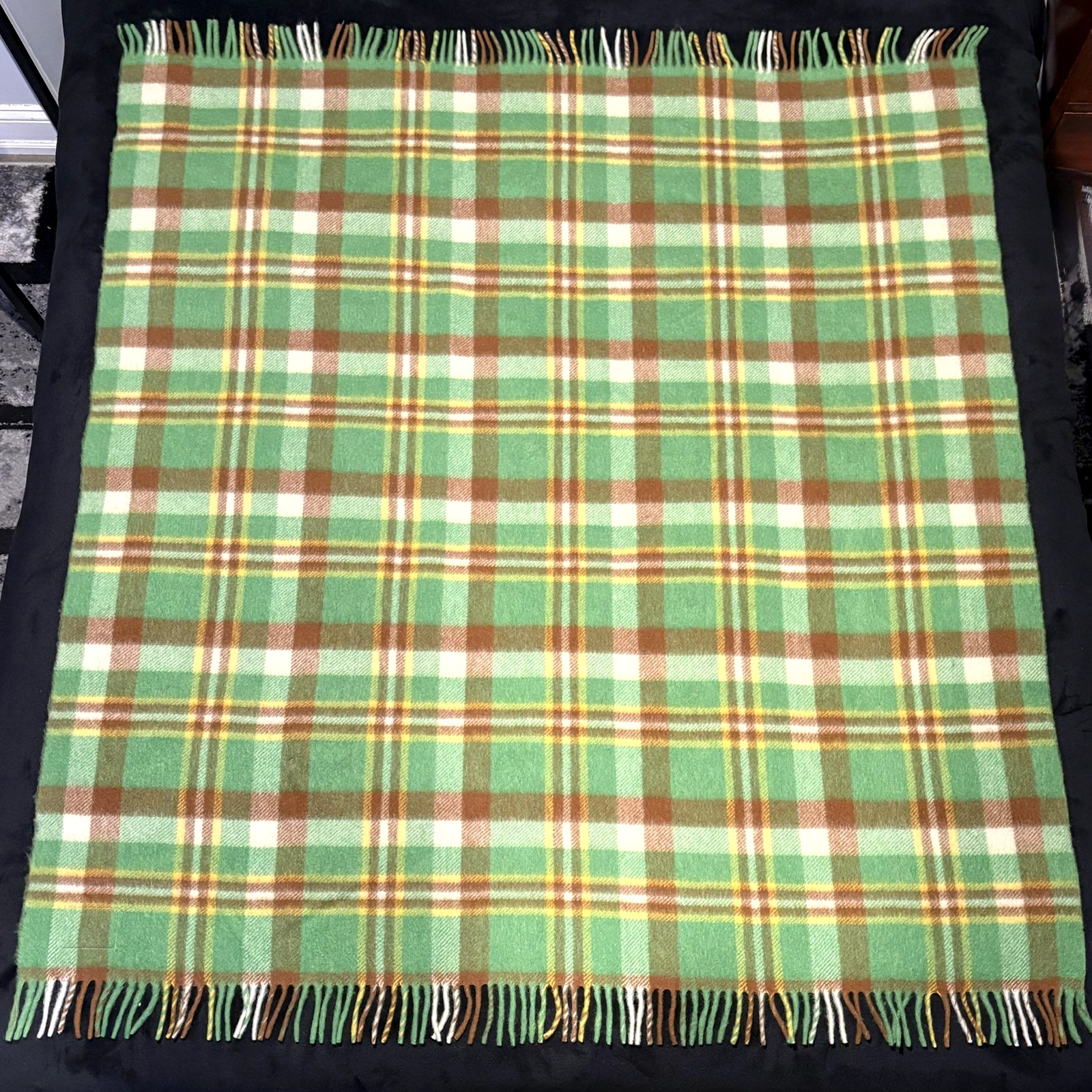 Vtg Brown's of Bermuda Tartan Plaid Green Yellow Brown Wool Throw Blanket 52x60