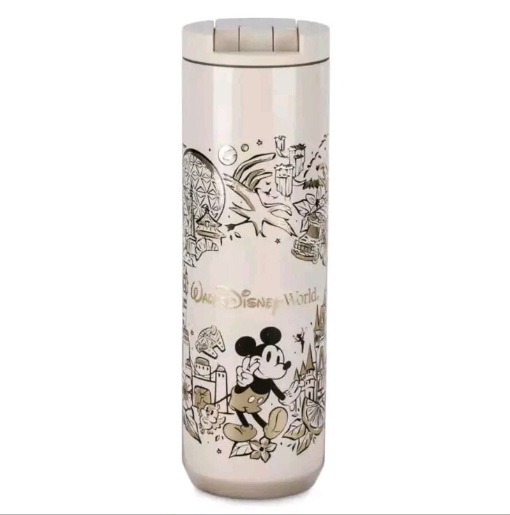 NEW Disney World Four 4 Parks White Metal  Starbucks Travel Tumbler Cup