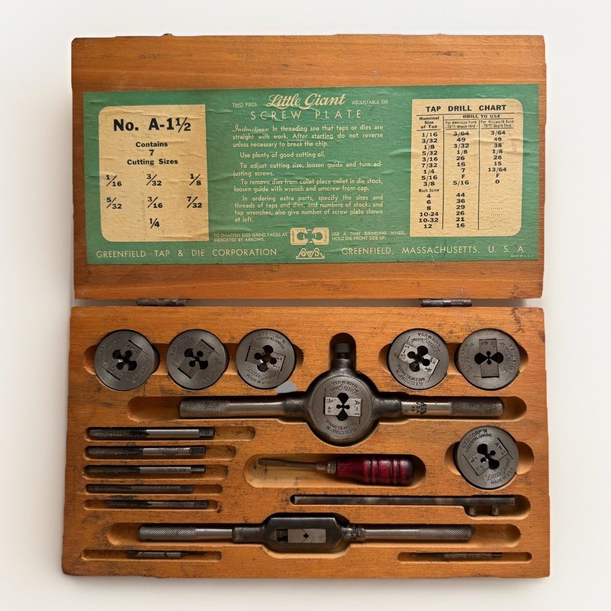 Vtg Greenfield Tap & Die Corp Little Giant Screw Plate Set In Wood Case