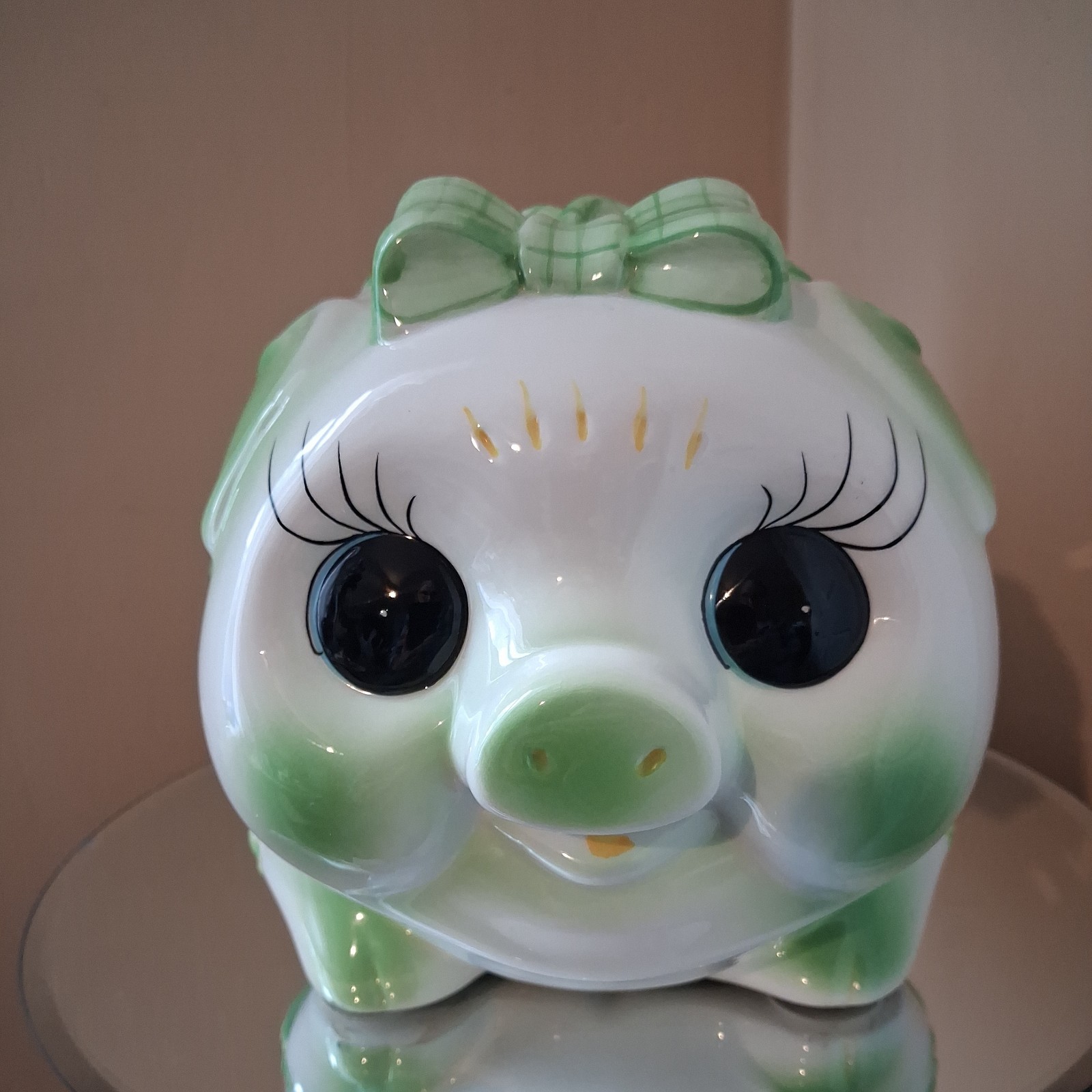 Vintage 1970\'s Large Hand Painted Ceramic Musical Piggy Bank Big Eyes And Lashes