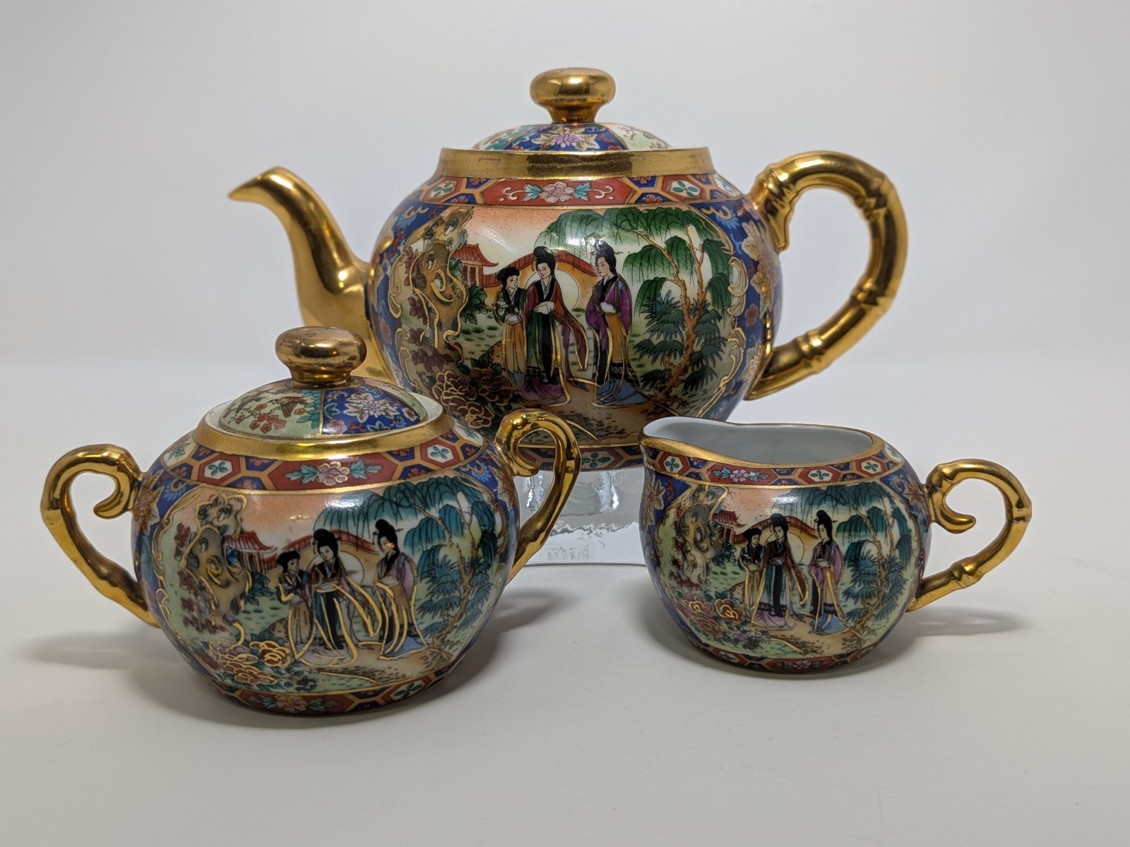 VTG Japanese Satsuma Porcelain Tea Set, hand-painted with figural...