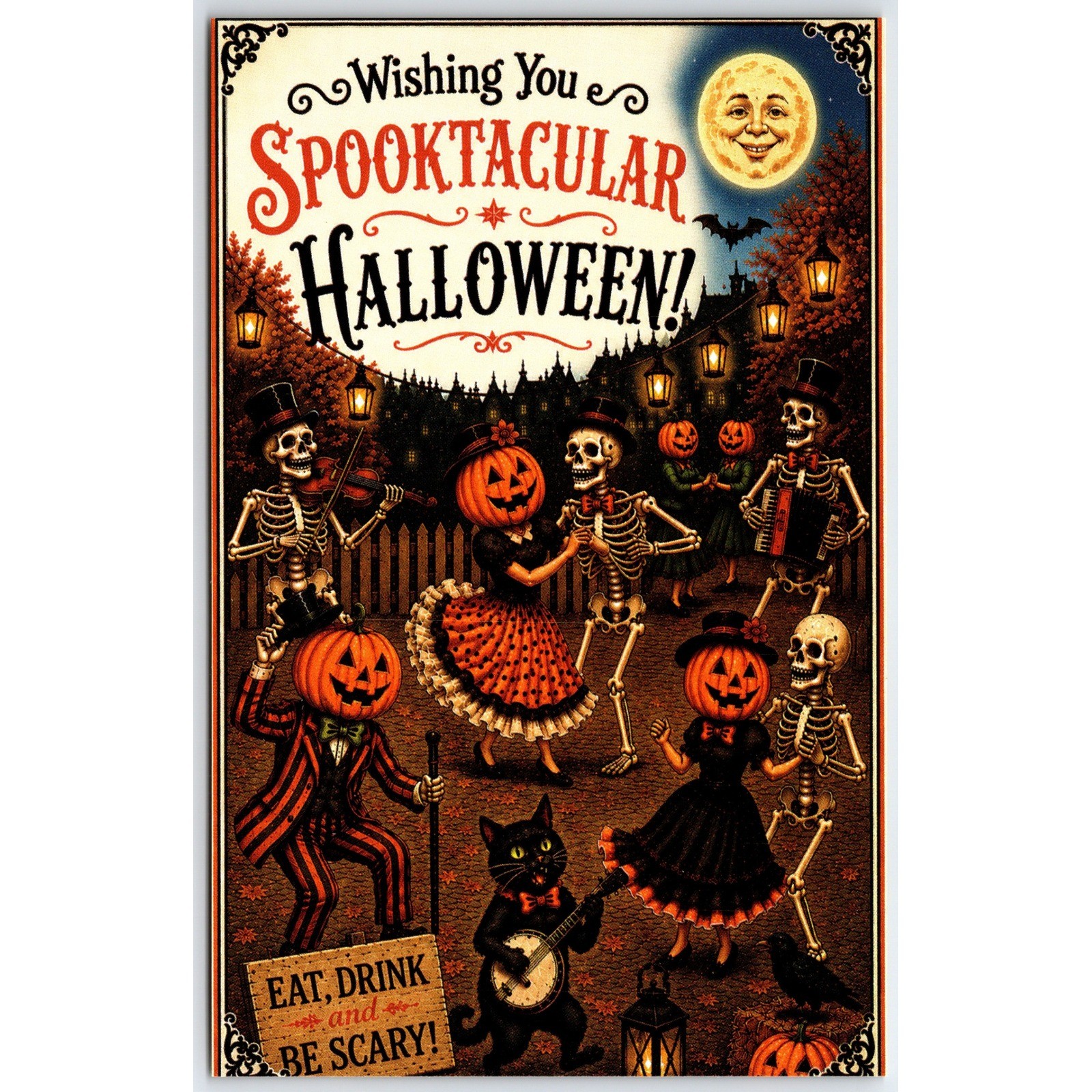 Halloween Postcard Modern Skeletons Dance Party Moon Face JOL Black Cat Standard