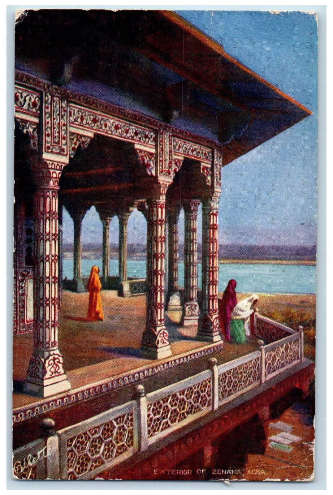 1905 Women Viewing Scene Exterior of Zenana Agra Oilette Tuck Art Postcard
