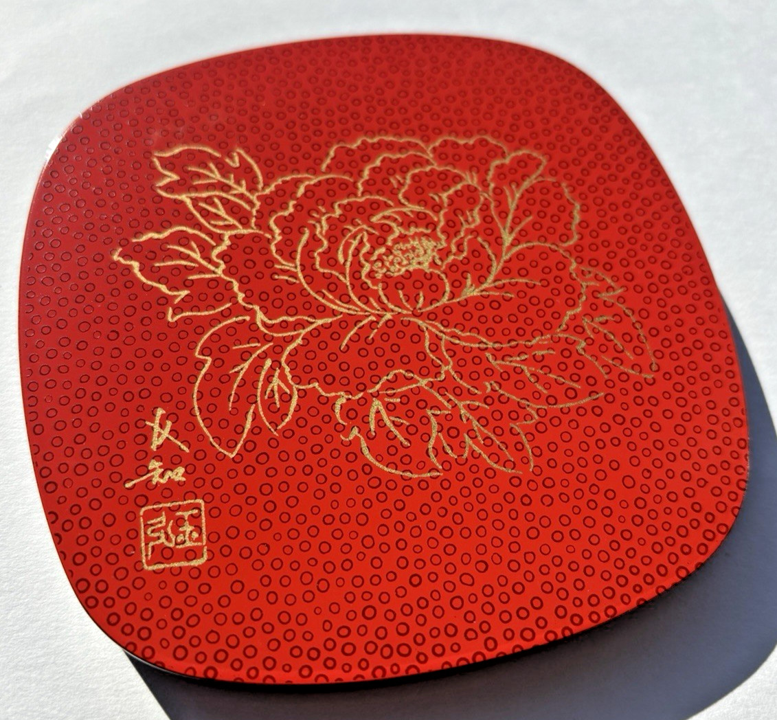 Vintage Tsugaru Lacquer Coaster Nanako Peony Pattern Boxed Japan Red 9 cm (3.5\
