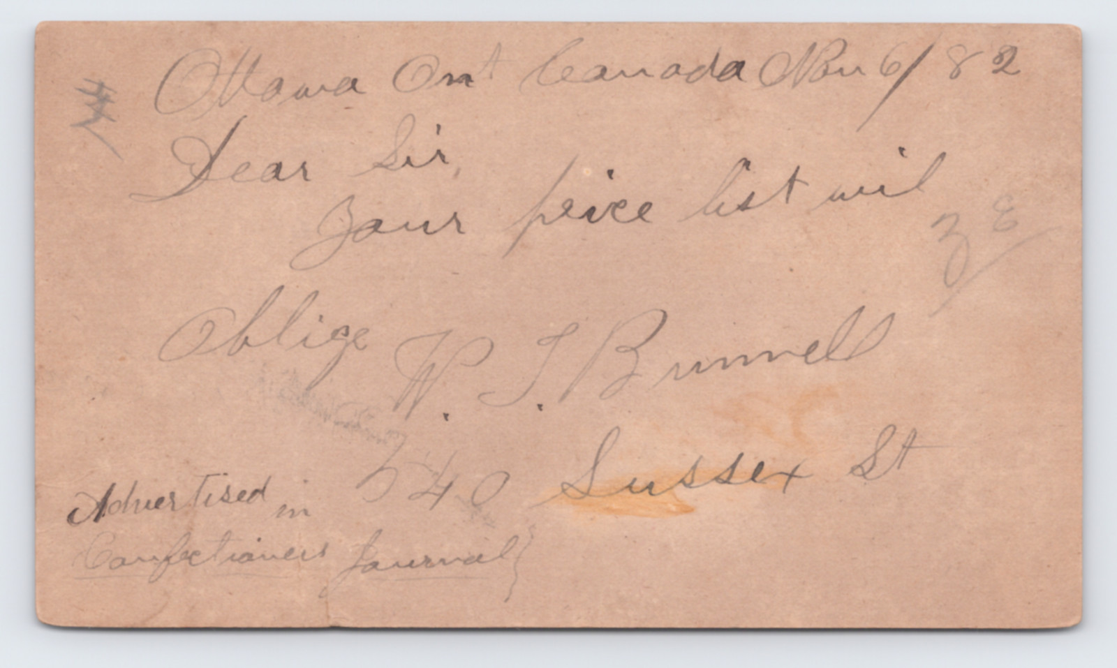 1882 W.T. Brunnell Confectioners Journal Postal Card Ottawa Ontario Canada