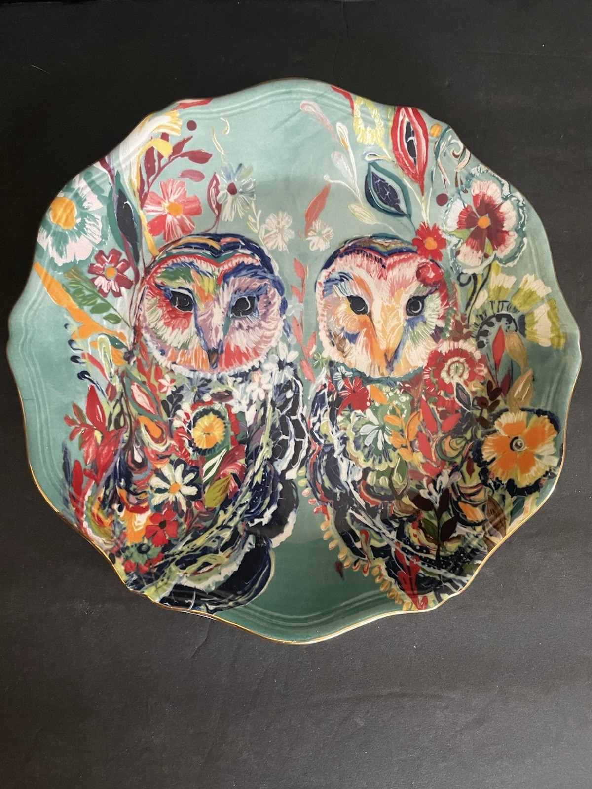 Anthropologie Starla Halfmann Plate Sunburst Duo Owls Dessert Bread 8