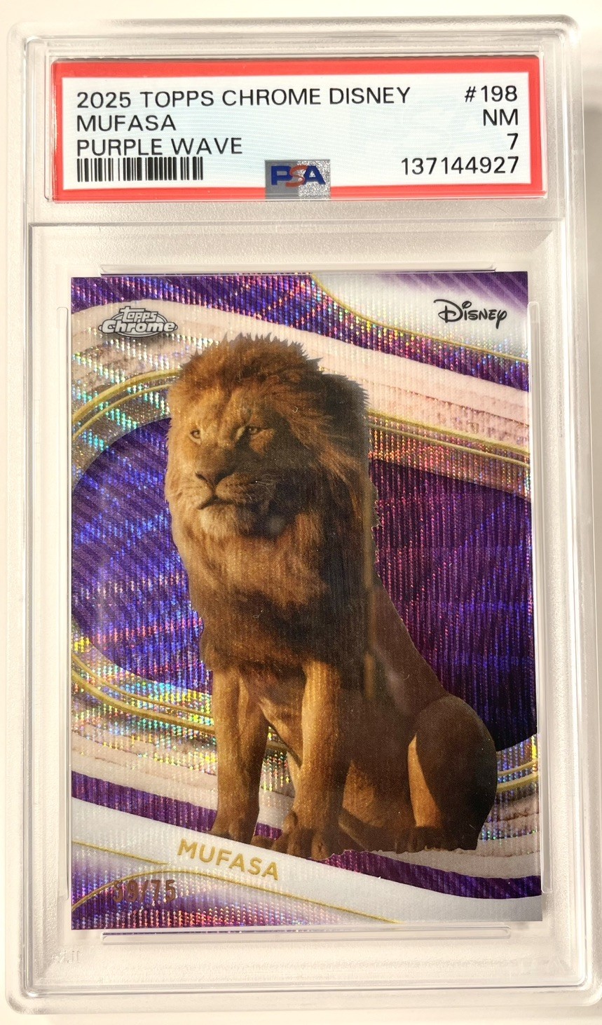 2025 Topps Chrome Disney Mufasa Purple Wave /75 PSA 7 
