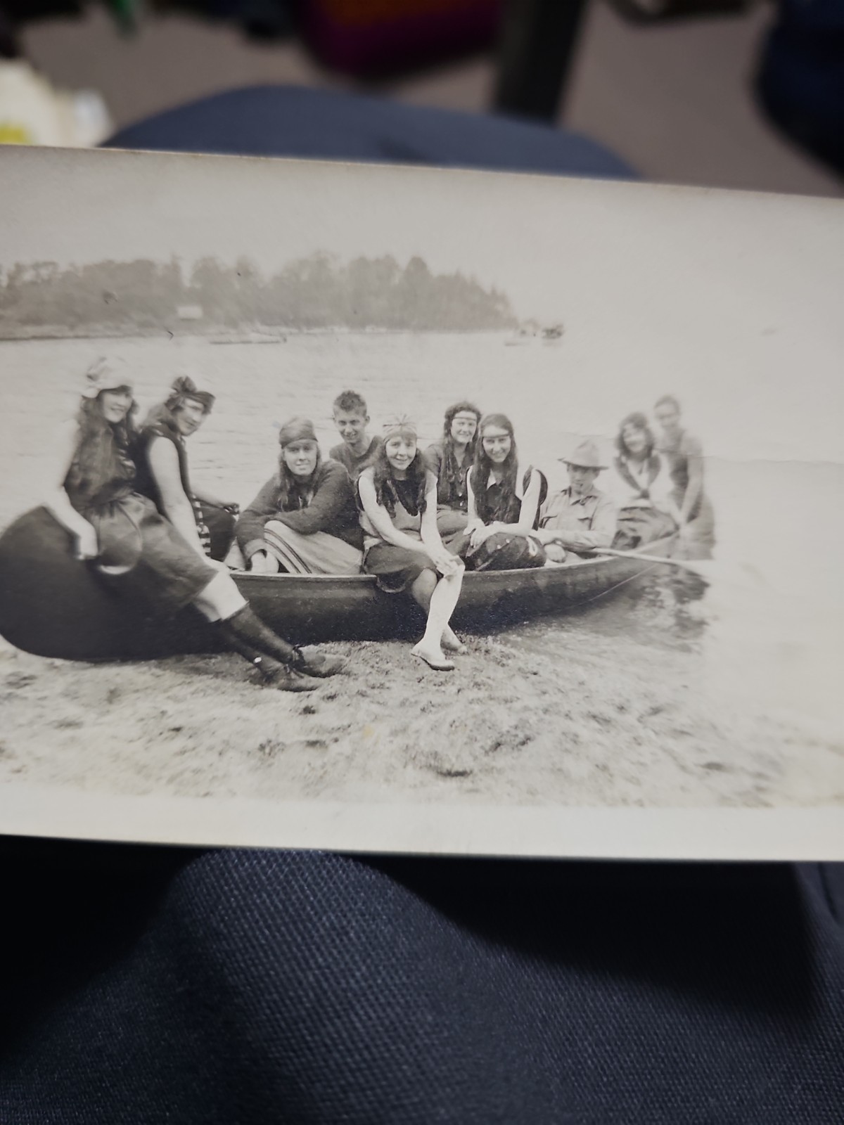 Antique 1920s Flapper Era Youth Group Canoe Lake Snapshot Photo