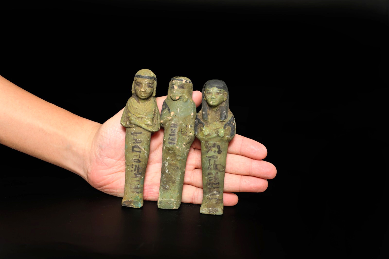 Authentic Ancient Egyptian Antiques Ushabti Set of 3 Faience Servant Figures BC