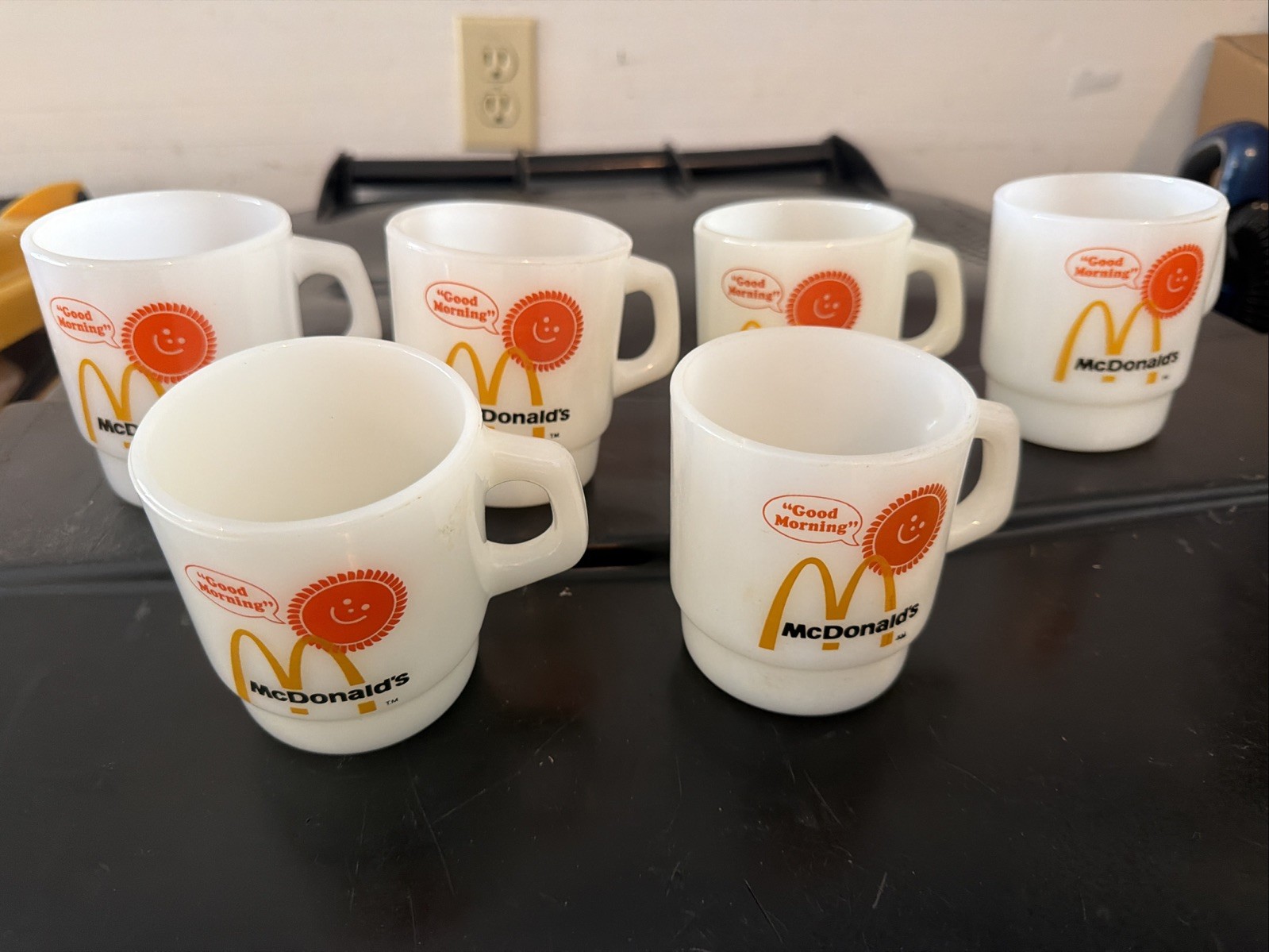 6 VINTAGE WHITE McDONALD\'S ANCHOR HOCKING \'GOOD MORNING\' COFFEE CUPS  / MUGS