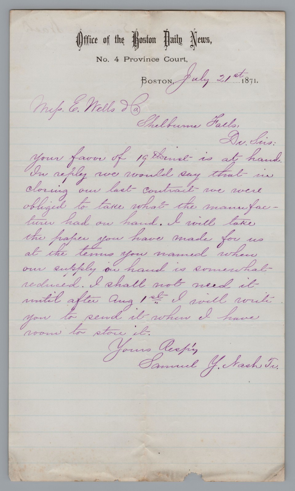 1871 Hand Written Letter, Office of the Boston Daily News Samuel Y. Nash JR