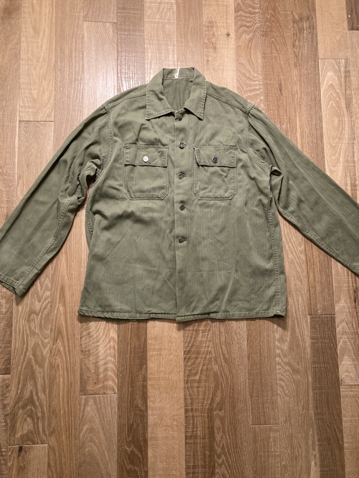 Deadstock WWII US Army HBT Herringbone Twill Shirt 13 Star Buttons OD Green