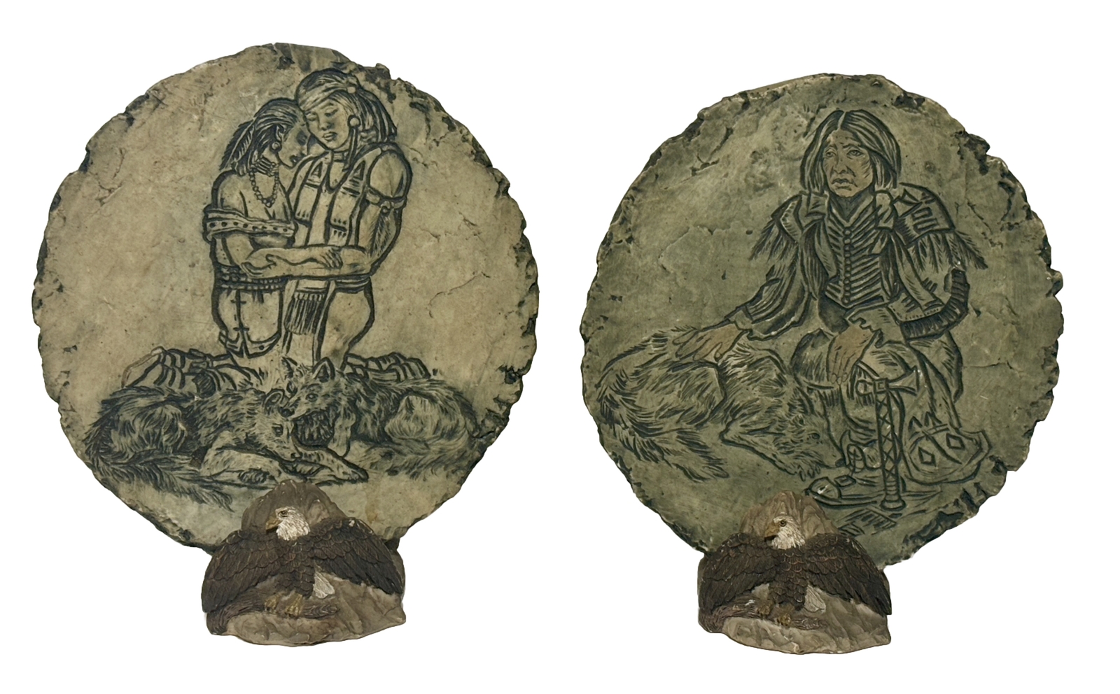 American Indians & Wolves Mt. St. Helen’s Ash Shapes Of Clay W/Stands (Q)