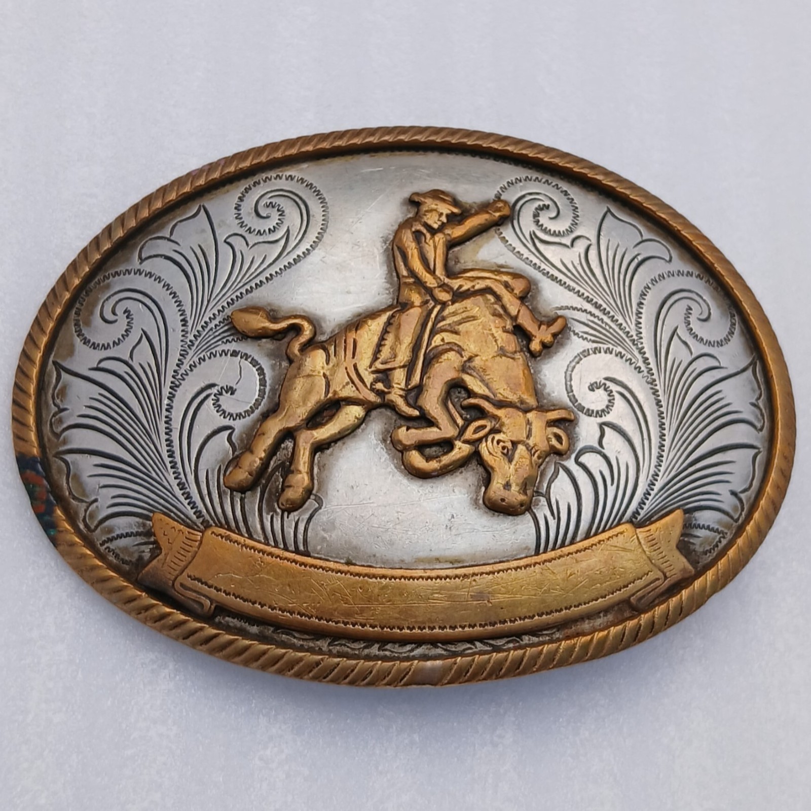 Vintage Bull Riding Rodeo Belt Buckle German Silver Western Floral Engraved