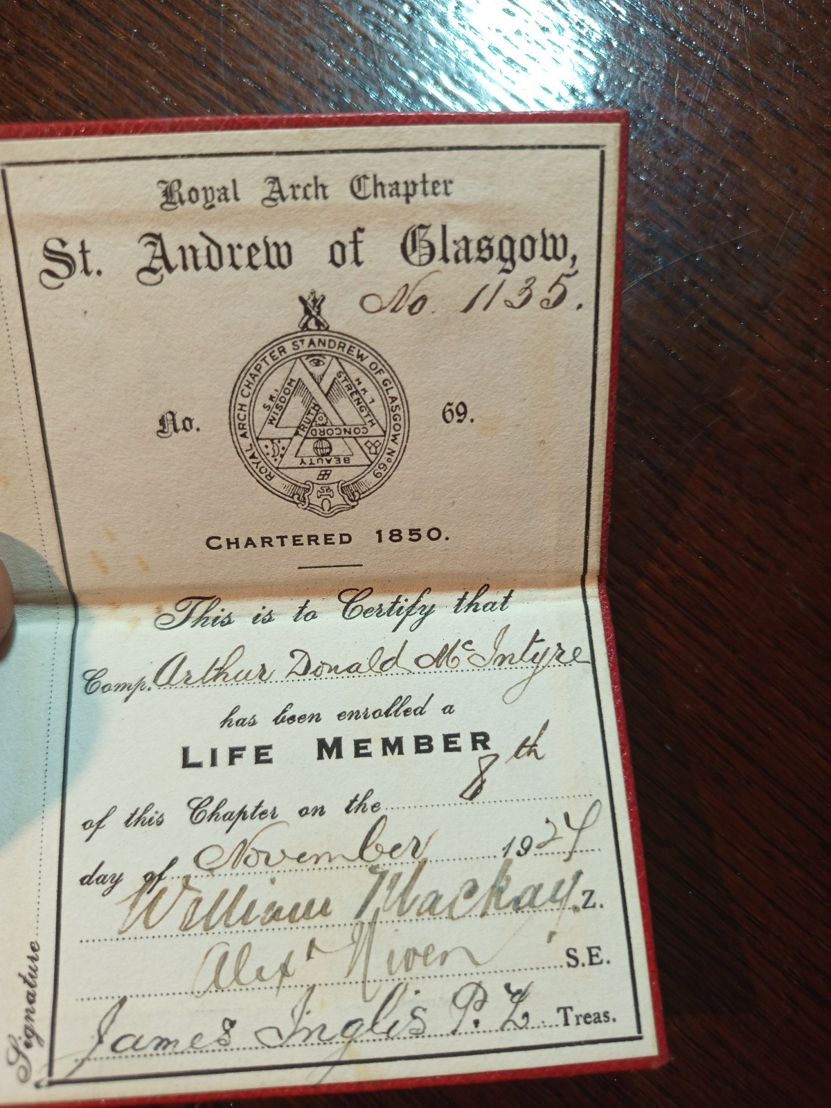 1927 Life Member St. Andrew of Glasgow No 69 Royal Arch  Freemasonry masonic/998