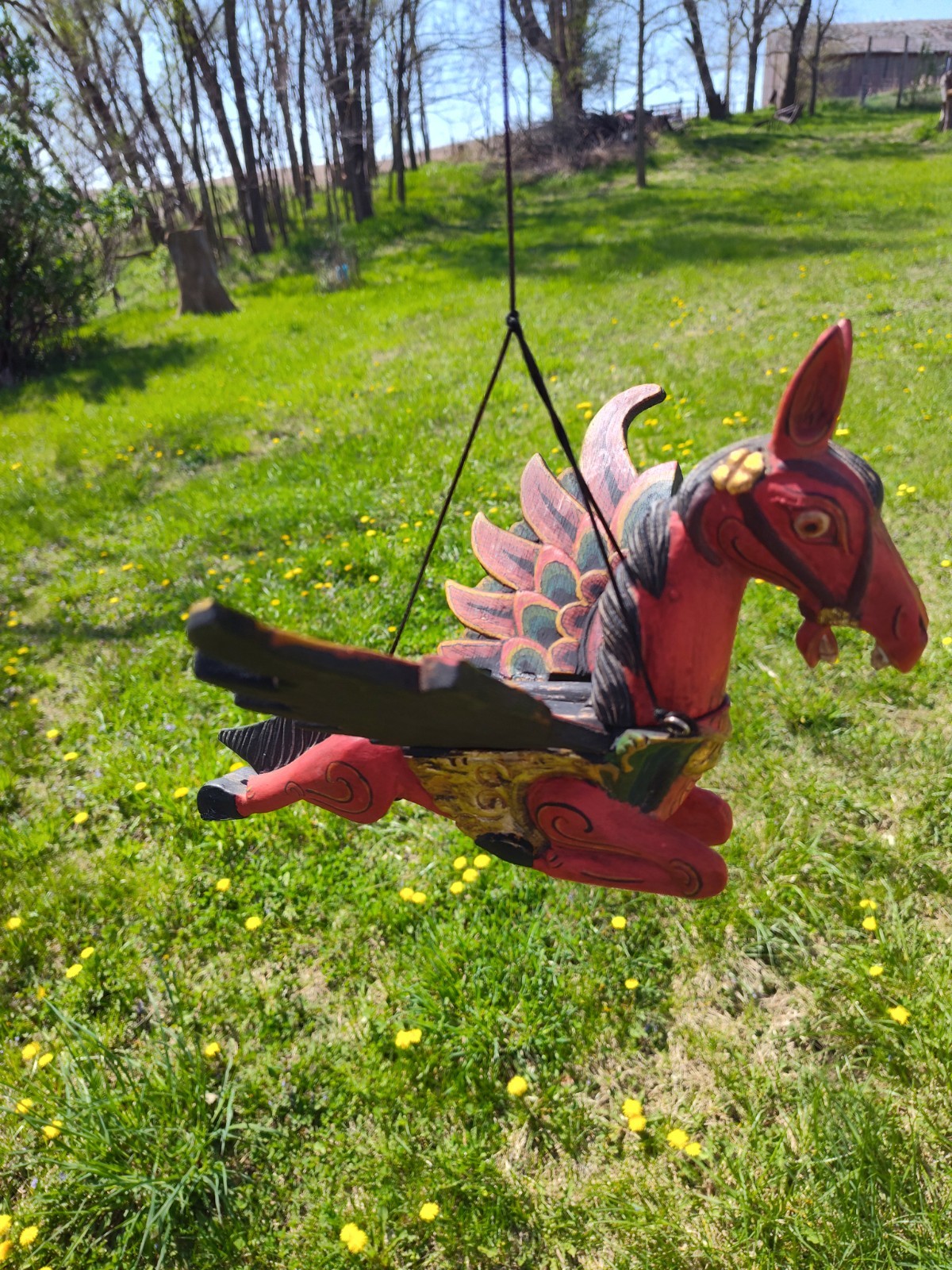 Balinese Wooden Red Pegasus Winged Horse Crib Guardian Spirit Chaser vtg, carved