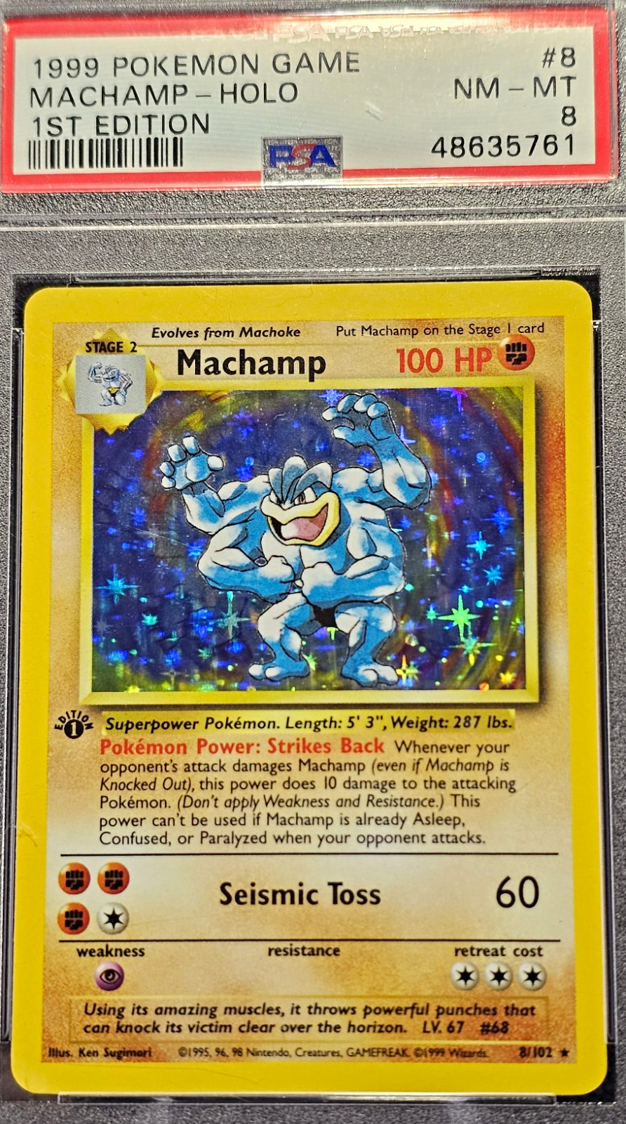 ​1999 Pokemon Base Set 1st Edition Machamp Holo #8/102 PSA 8 NM-MT Vintage WOTC