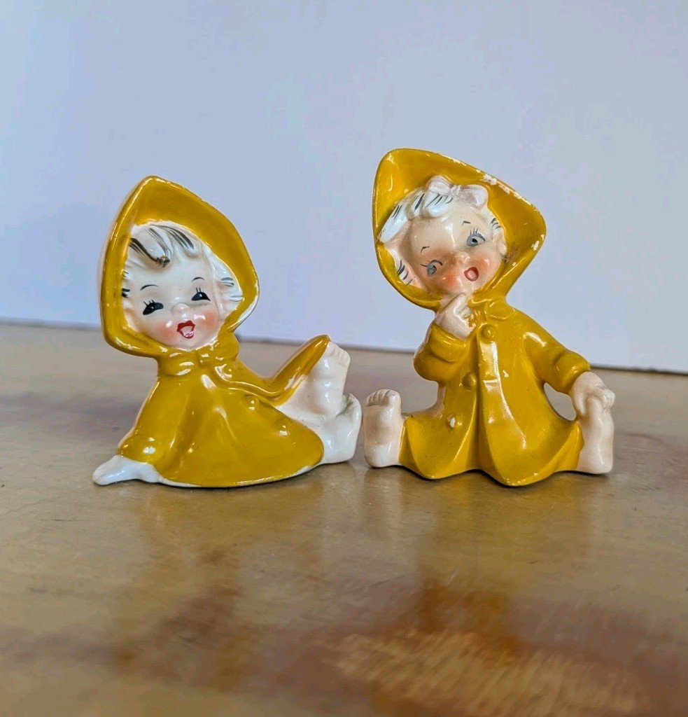 Vintage Enesco Yellow Raincoat Kids Figurines Mid Century Kitsch 