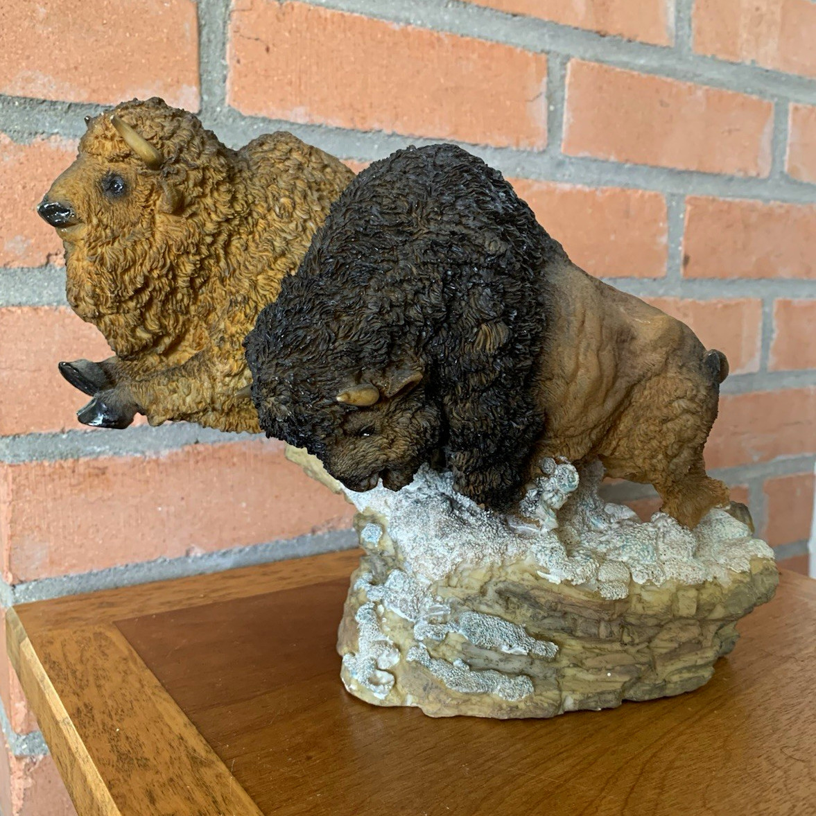 Pair of Charging Buffalo Resin Figurine Sculpture Brown/Black Approx 9 in Long