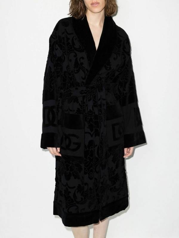 Dolce & Gabbana Logo Monogram Jacquard Bathrobe Women\'s XL Black Long Sleeves