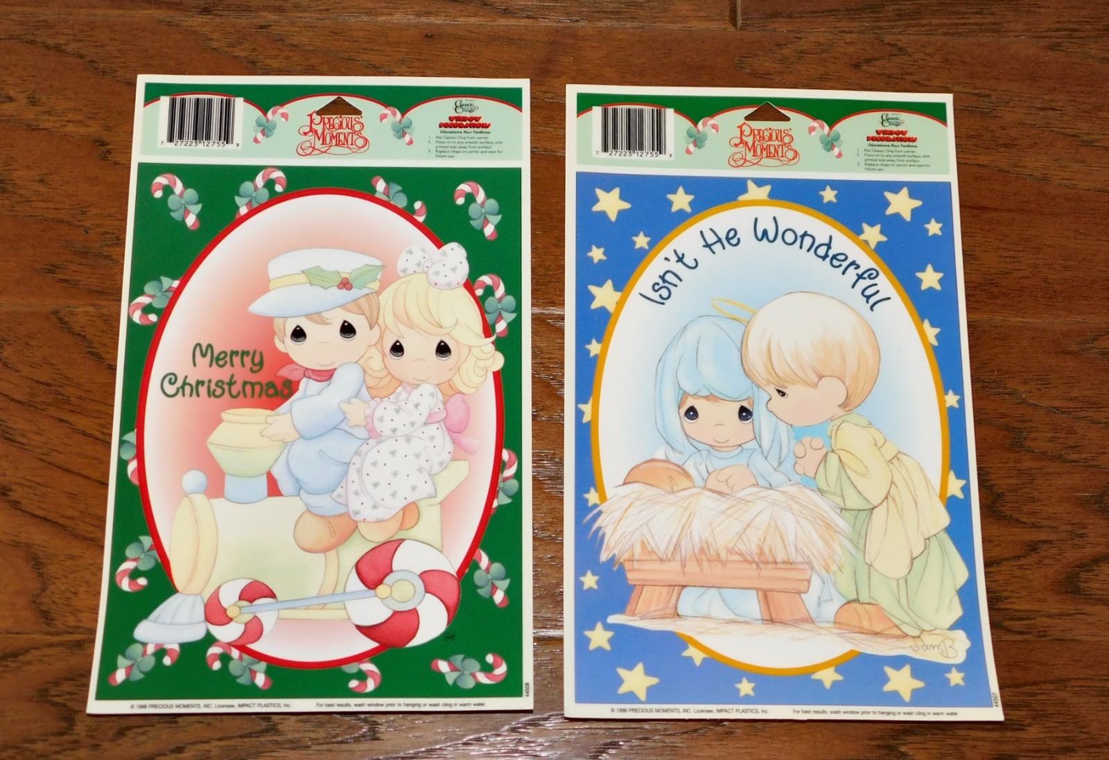 RARE Lot 2 Precious Moments 1998 Window Cling Decoration Merry Christmas Holiday