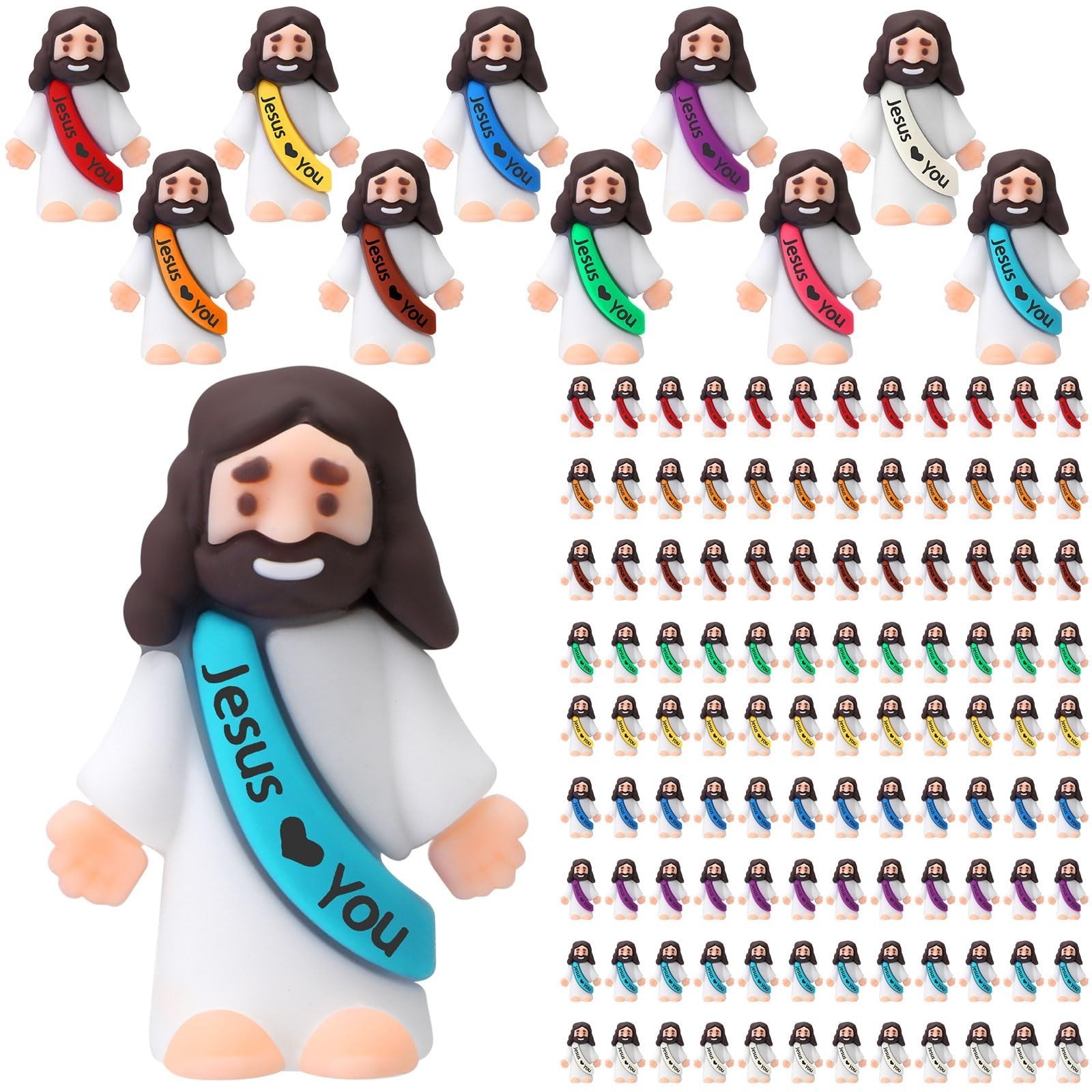 Mini Jesus Figures 1.57in Rubber Christian Party Favors Love You Sash