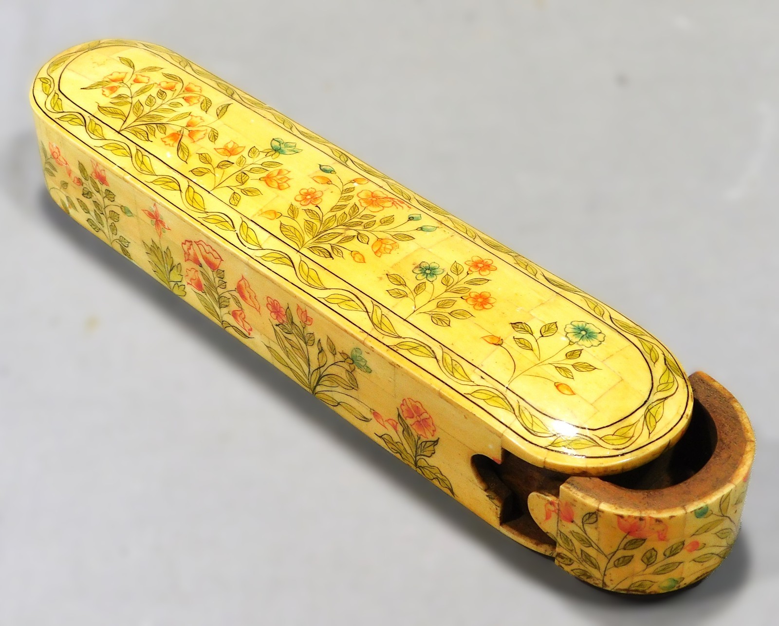 Antique Anglo Indian Bone Pen Box Floral Polychrome Painted Sliding Tray c1880