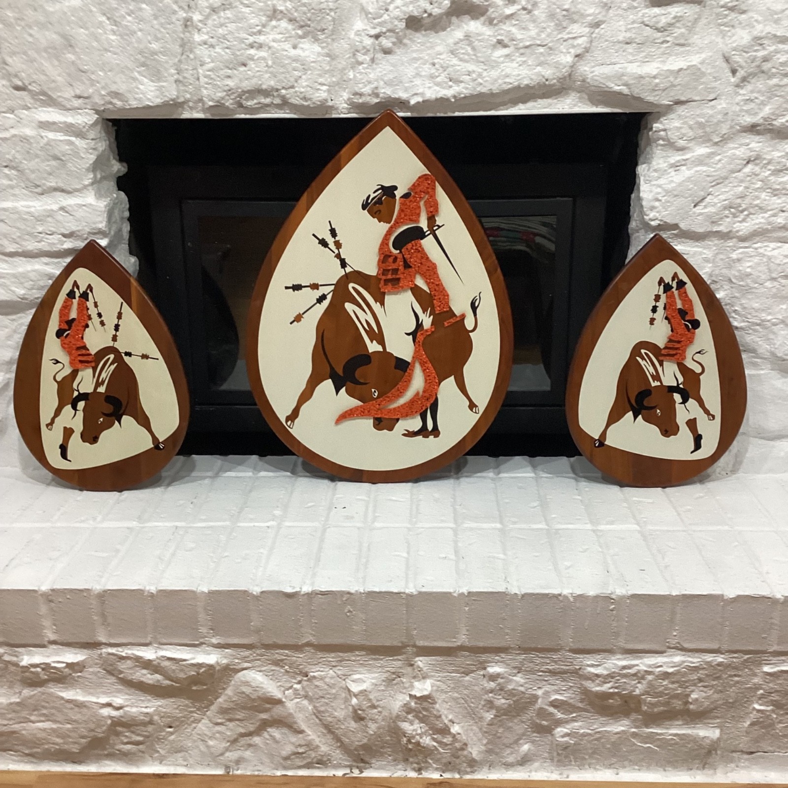 Vintage 60\'s Iconic MID CENTURY Modern BELART BULLFIGHTER Wood WALL ART PLAQUES
