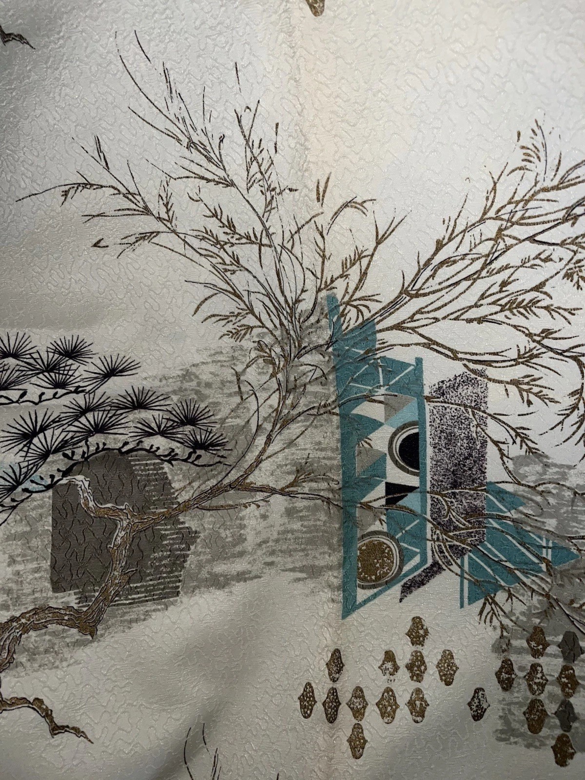 Vintage Mid-Century Modern Atomic Age Geometric Asian Trees Drapes 2 Panels