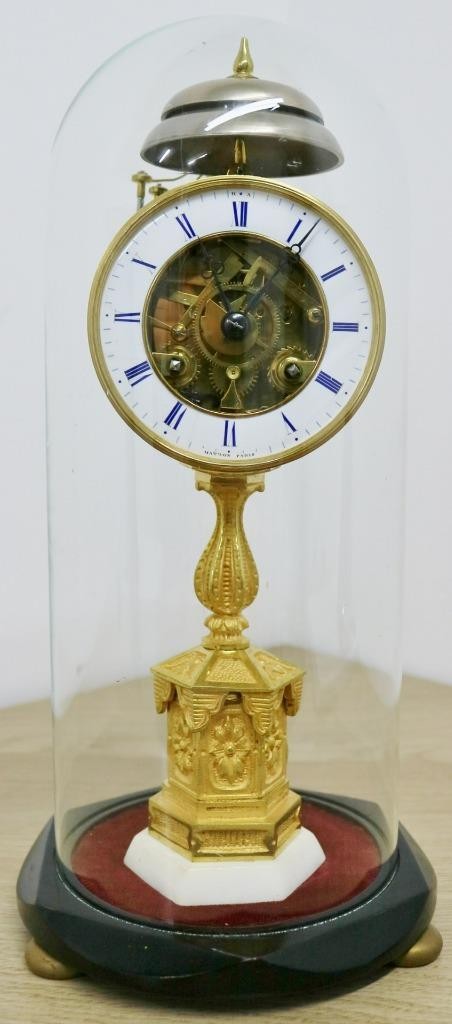 Rare Antique French 1827 Pons 1/4 Striking Pillar Skeleton Mantle Clock & Dome