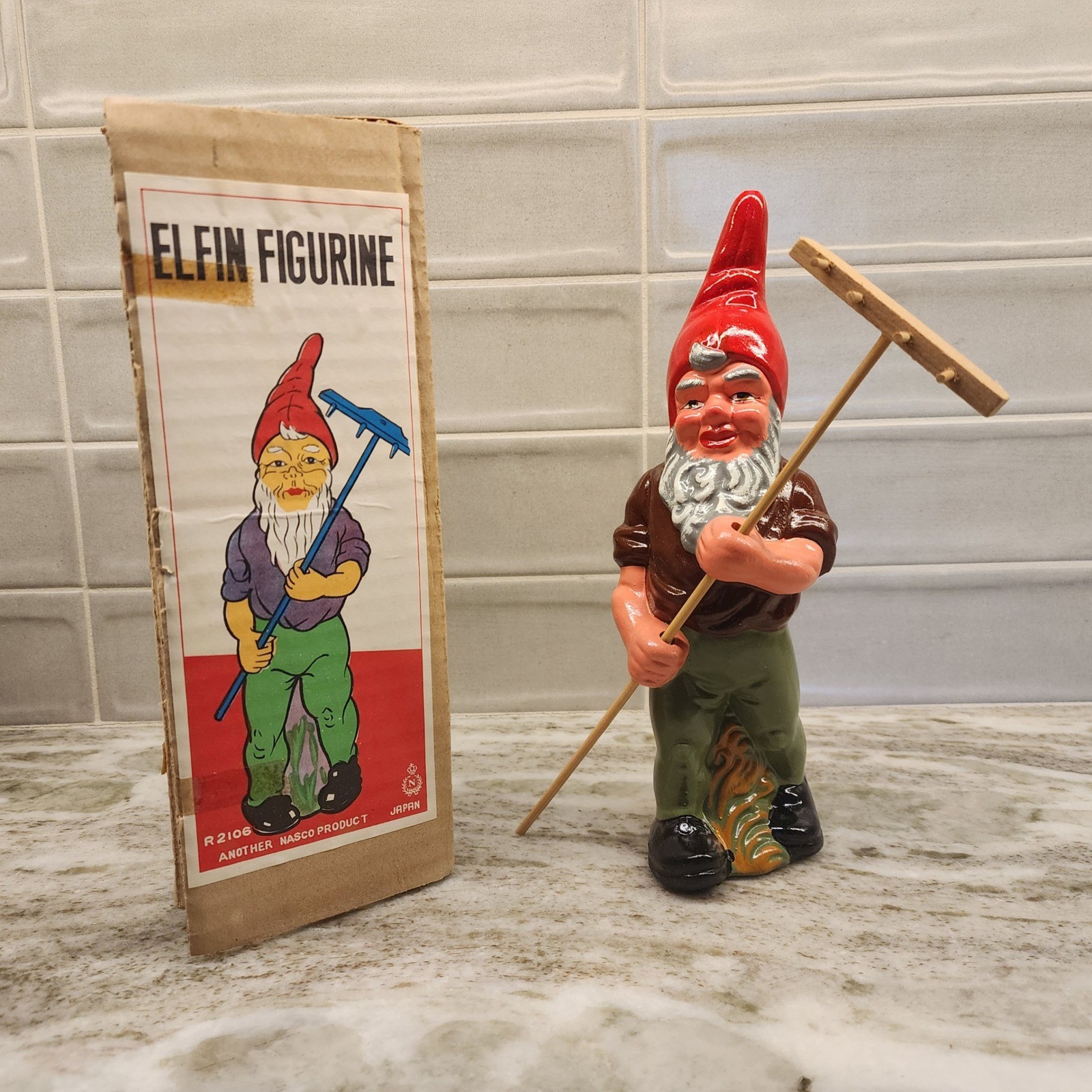 Vintage NASCO Japan Elfin Gnome Rake Figurine 10\