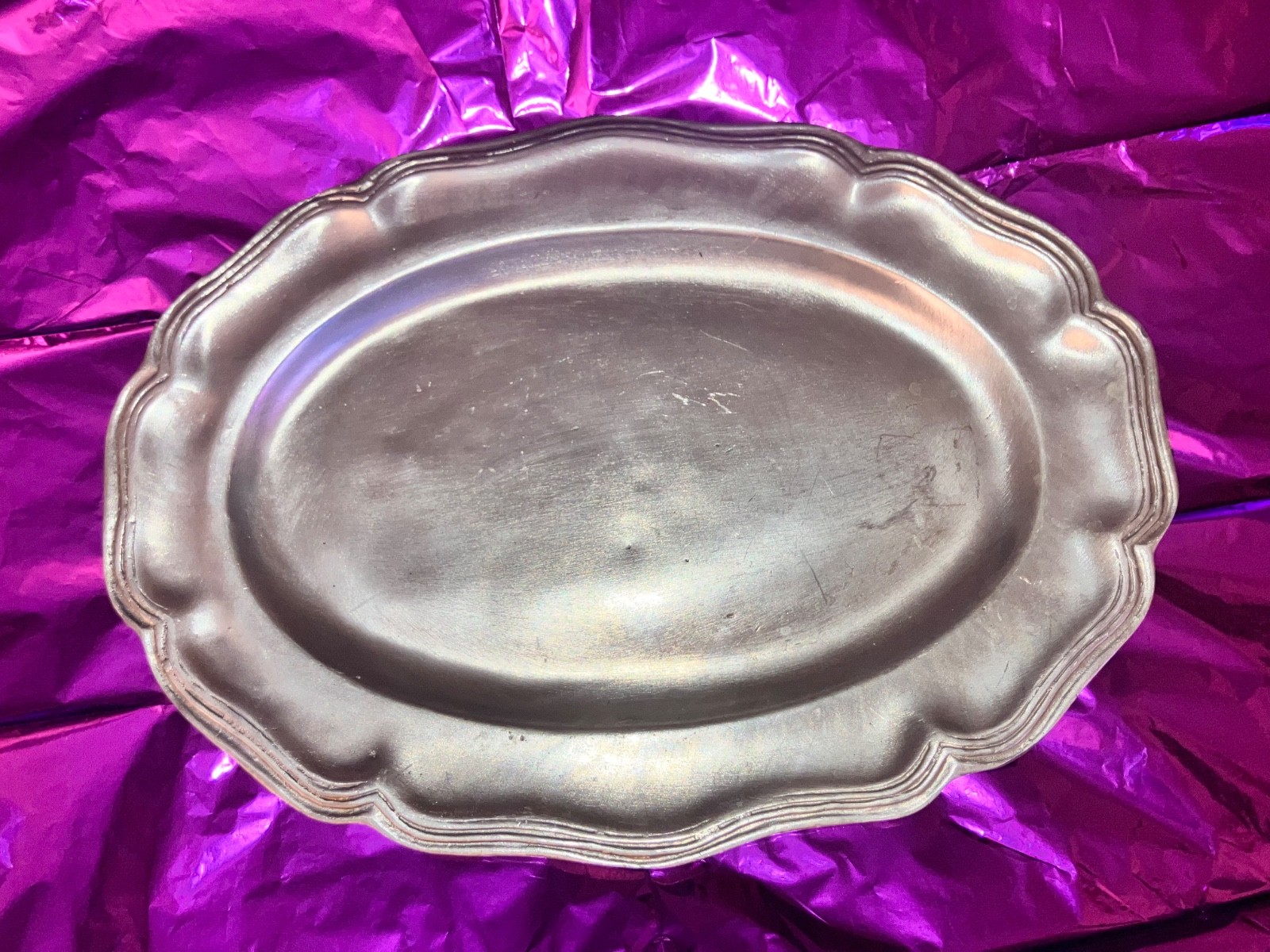 1820s Antique French Pewter Oval Fish Platter  Scalloped Tray Dish