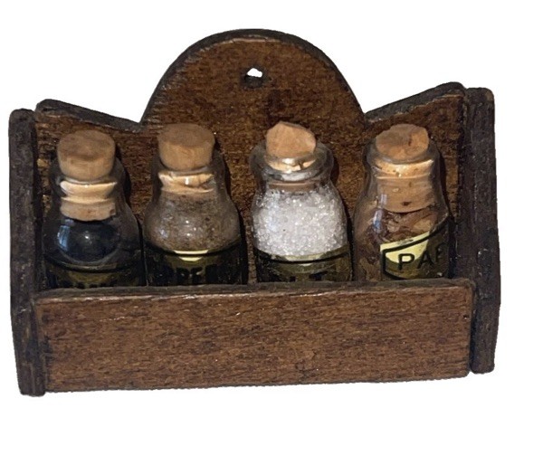 Fun Rare Vintage Miniature Dollhouse Wood Apothecary Spice Jars With Rack 