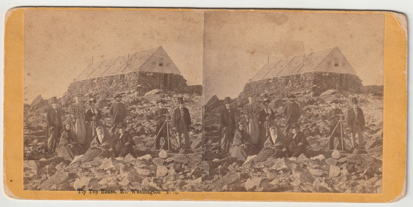 GROUP AT TIP TOP HOUSE - TELESCOPE? - MT WASHINGTON - WHITE MOUNTAINS  BIERSTADT
