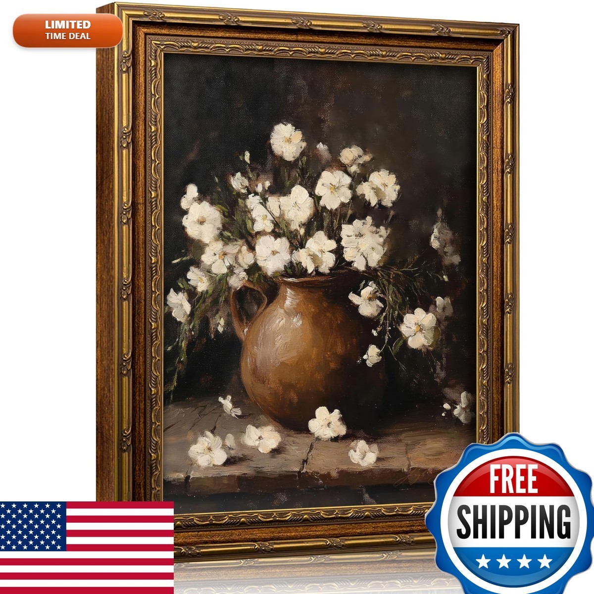 xikafou 3D Textured Canvas Wall Art Vintage Carved Gold Frame Brown Pitcher