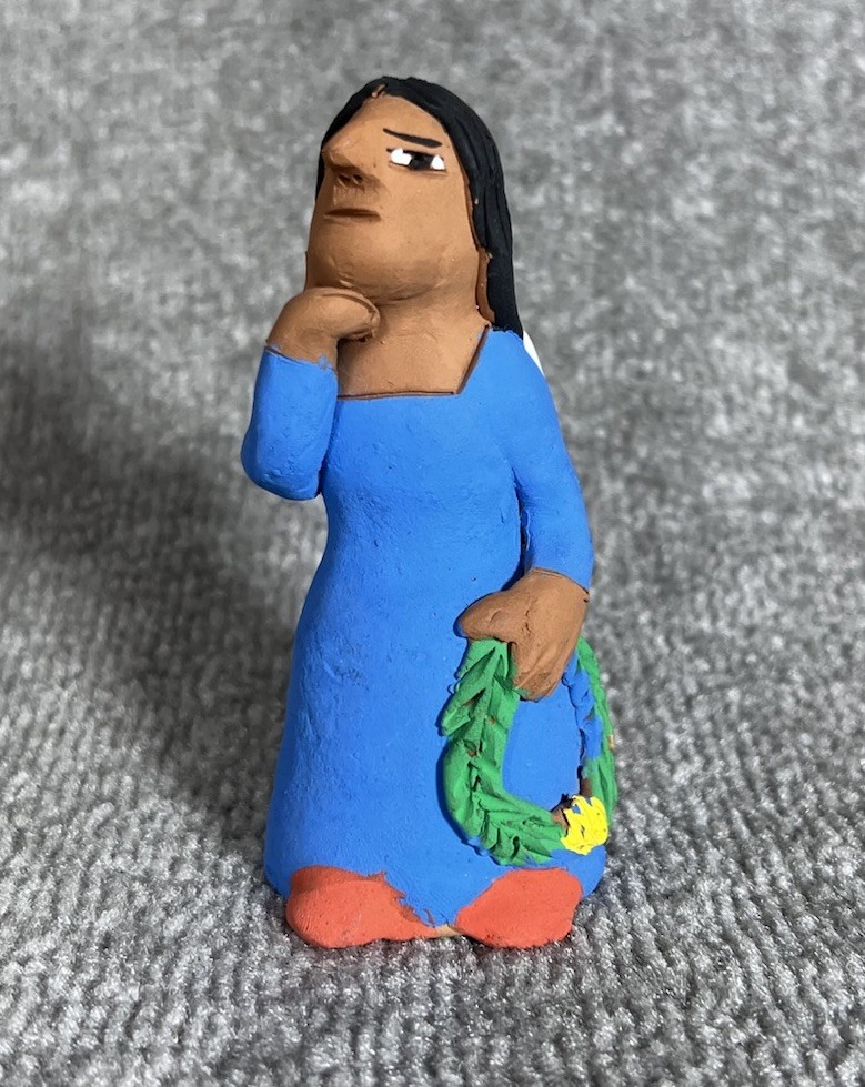 Vintage Josefina Aguilar Signed Mexican Folk Art Clay Woman Angel Figure Wreath